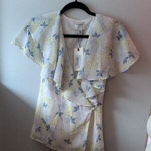 Ted Baker Blue & White Floral Wrap Blouse with Pale Yellow Accents